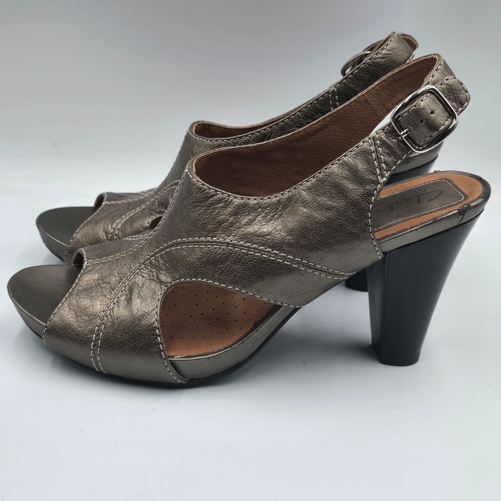 Clarks Artisan‎ Metallic Bronze Leather Slingback Peep Toe Heels Womens 7.5 M